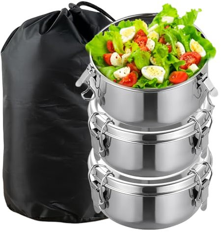 Sporgo 3 Stück Brotdose Edelstahl: 240ML Edelstahl Frischhaltedose Auslaufsicher Lunchbox Brotzeitbox BPA-frei, Bento Box Jausenbox Frühstücksbox für Snacks, Obst, Müsli, Gewürz(Schwarz)