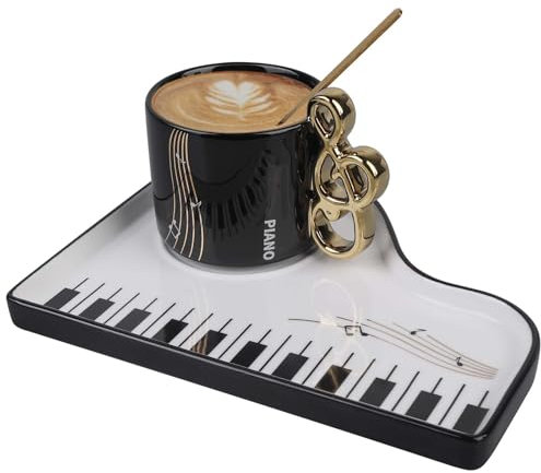 Klavier Kaffeetasse, 200ml Musiknoten Keramik kaffeebecher, Tassen Untertassen Set Cappuccino Tassen mit Unterteller und Löffel, Porzellan Musiktasse, Espressotasse für Musikliebhaber