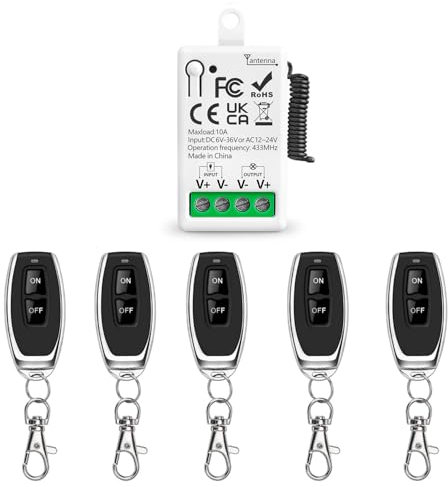 Tedeligo Interruptor de control remoto inalámbrico de 433 MHz CC 6V 24V 36V CA 12V 24V 10 A receptor de relé y 5 transmisor para iluminación LED de electrodomésticos