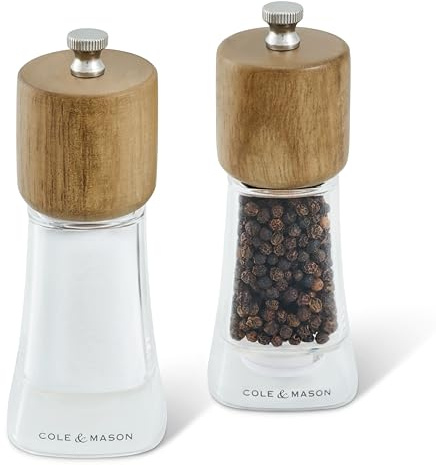 Cole & Mason Woodbury Salt and Pepper Grinder Set 13.5cm Adjustable Grind | Manual Acrylic and Wood Salt and Pepper Mill Set with Adjustable Coarsenss Easy to Refill Durable Ceramic Mechanism Gift Set