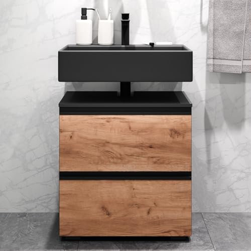 Planetmöbel EDA Waschbeckenunterschrank 60 cm, Unterschrank, Waschtischunterschrank, Badezimmerschrank für Gäste WC & Bad, Anthrazit/Gold Eiche