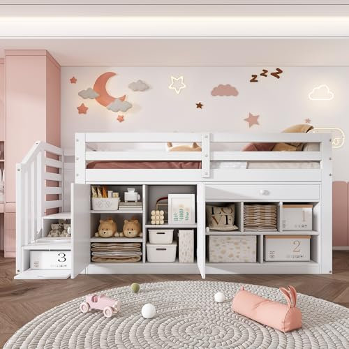 ModernLuxe 3FT Kids Single Bed Frame, Multifunctional Wooden Mid Sleeper Bed with Stairs and Storage Space, Stairs Cabinets Interchangeable, Drawers Reversible and Usable as Desk, White, 90x190cm