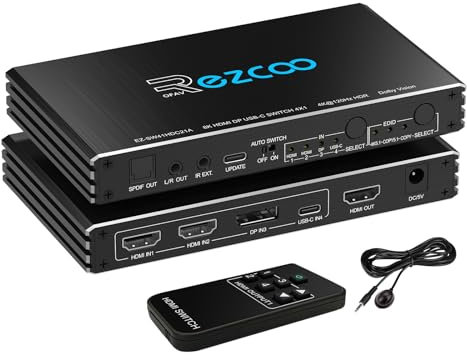 Commutateur HDMI 2.1 4K @ 120 Hz 4 x 1 USB C DP1.4 avec extracteur audio (optique et sortie 3,5 mm) VRR ALLM HDCP 2.3 HDR Dolby Vision/Atmos Audio optique pour PS5, Xbox, jeux, télécommande IR