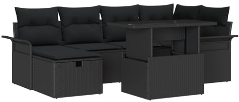 vidaXL 7-teiliges Garten-Sofa-Set mit Kissen in Schwarz aus Poly-Rattan, verstellbar und modular – die perfekten Outdoor-Möbel für Deine Terrasse oder den Patio.