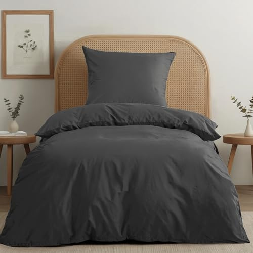 Dreamzie Bettwäsche-Set 135x200 aus Baumwoll-Perkal – Dunkelgrau – Bettbezug 135x200 und 1x Kissenbezug 80x80 cm – Oeko-Tex Zertifiziert