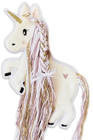 Applikation Einhorn mit Wollmähne Rosa Altrosa Gold Aufbügler für DIY Schultüte Zuckertüte Bügelbild Patch Bügelpatch Pferd weiß Glitzer (Groß (12x19 cm))