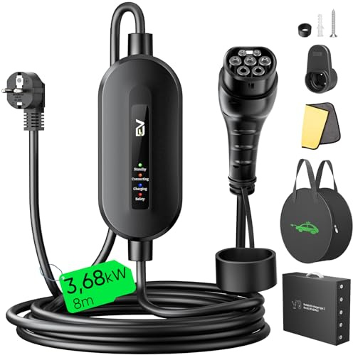 Evjuicion Câble de charge pour voiture électrique type 2 Schuko 3,68 kW [monophasé, 8 m, 16 A, IP67], chargeur EV avec voyant d'affichage, chargeur EV pour ID.3/4, X1, 5ER, modèle Y/3, et autres EV