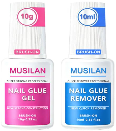 MUSILAN Extra Stark Nagelkleber mit Nagelkleberentferner für Nägel-10g/10ml | Salon Qualität-Flaschen Auslaufsicher mit Pinsel Super Strong Schnell Trocknend Nail Glue für Press-On&Tips,Startseite Reisen