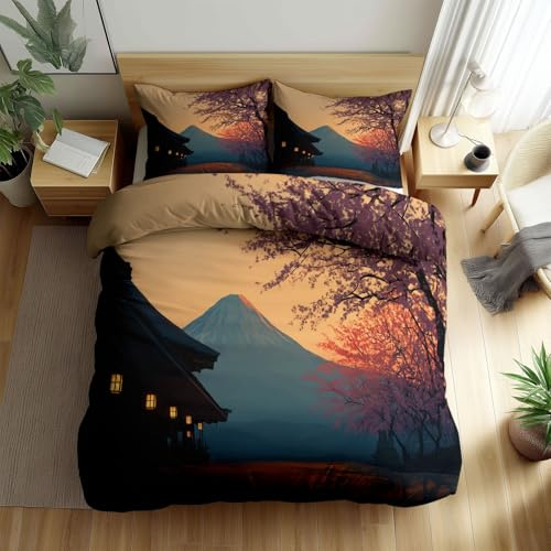 Srigzcaly Japanisch Sakura Gebirge Tempel Bettwäsche 135x200 cm Gelb, Kinderbettwäsche 3teilig, Weiche Microfaser Wendebettwäsche-Set - Deckenbezug und Kissenbezug mit Reißverschluss