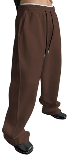 Mens Sweatpants Joggers Baggy Elasticated Waist Drawstring Trousers Wide Leg Jogging Bottoms for Outdoor Gym Solid Casual Trousers with Pockets Coffee