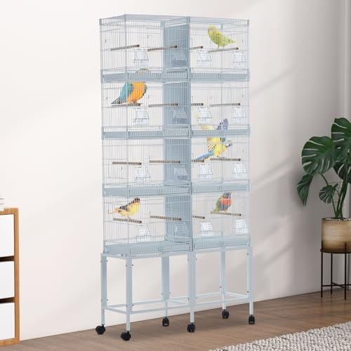 Vogelkäfig großer, Vogelvoliere mit 16 Holzstangen, 16 Vogel-Futternapf, 360° Rollen & schmutzwanneneinsatz, für 10 Sittiche, Kanarienvögel, nymphensittiche, Wellensittich, Papagei 85x28x170cm