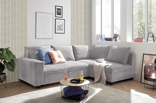 Ecksofa L-Form aus Cordstoff mit Schlaffunktion, hellgrau (Dove) – Liegefläche 147 × 207 cm, Breite 243 cm, Sitzhöhe 45 cm, Modell MIRA
