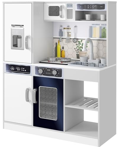 AIYAPLAY Cucina Giocattolo per Bambini, Cucina Legno Bambini con Fornello, Luci e Suoni, Forno, Microonde, Frigo, Macchina del Ghiaccio, Caffettiera, Lavello con Circolo d'Acqua e Accessori, 3-8 Anni