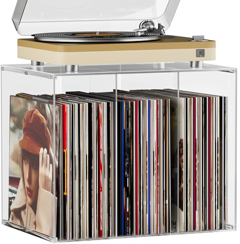 Bikoney Vinyl Record Storage, Crystal Clear Acrylic LP Holder, Stackable Album Crate Bin for 50+ Records, Modern Desktop Vinyl Display Stand for 12 LPs and 7 Singles