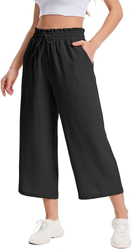 WUWUSKY Culotte 3/4 pour Femme Chic et Élégant Taille Haute Pantalon d'été Jambe Large avec Poches pour Yoga et Course, 01 Noir, 3XL