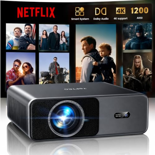 Projector 4K, 1200ANSI Home Cinema Projectors Built in APP, 20W Dolby Audio, TOPTRO FHD 1080P Portable Smart Projector with Auto Focus/Keystone, WiFi 6 Bluetooth Low noise Video Projector for Bedroom