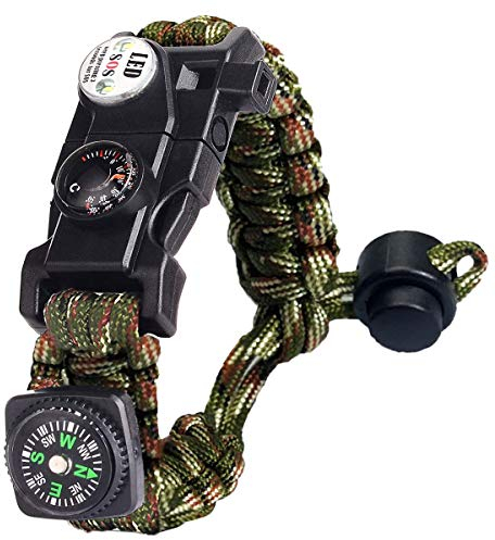 Paracord Survival Armband Kit für Herren Damen, Survival Armband mit Feuerstein + Kompass + Thermome (Tarnen)