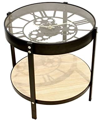 Home Deco Factory HD6446 Table Basse d'Appoint Ronde Horloge Noir Beige et Transparent Métal Bois et Verre Petit Modèle D40,5 x H39 cm