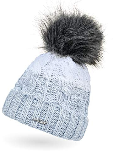 Neverless® Damen Strick-Mütze gefüttert Fleece-Innenfutter Fell-Bommel Kunstfell Winter-Mütze Bommelmütze Zopfmuster Mehrfarbig Umschlag hellblau-weiß