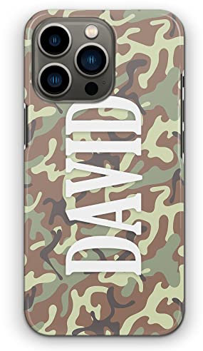 Personalised Initials Hard Phone Case For Apple iPhones, 16, 15, 14,13, 12, 11, Pro Max, Mini, XR, SE Light Green and Brown Army Camouflage Print with Custom White Capital Name, Camo Phone Cover