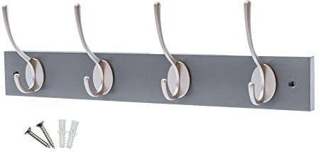 keypak Victorian Wall Mounted Coat Hooks, Wooden Coat Rack for Hanging Coats, Hats, Clothing, Scarfs (Grey/Satin Nickel, 4 Hooks)