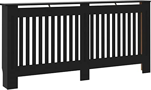 vidaXL Radiator Cover Durable Home Appliance Laqucered Wood Slatted Grill Vertical Slats Cabinet Heating Cover Shelf Heater Unit Black MDF
