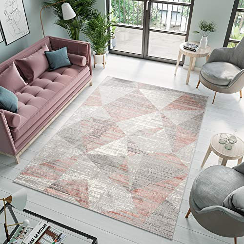 TAPISO ASTHANE Tappeto Per Salotto Tappeto Casa Per Camera da letto Grigio Rosa Salmone Geometrico Pelo Corto 80 x 150 cm