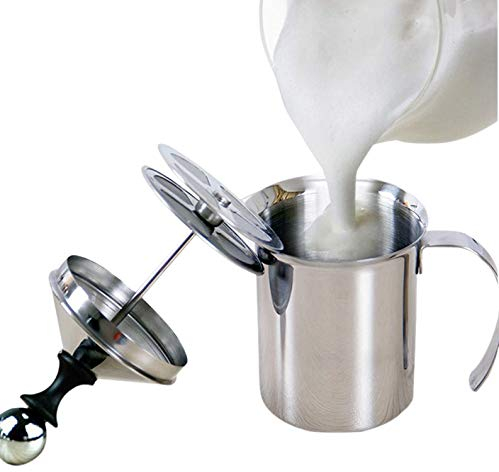 800ml de Acero Inoxidable Leche Manual Frother, Espumador Leche con Doble Colador, Jarra espumadora leche con tapa, Batidoras espumadoras de Leche manuales para Lattes Cappuccinos Macchiato Café
