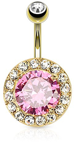 Taffstyle Bauchnabelpiercing Chirurgenstahl Stab vergoldet | Piercing Banane Bauch Bauchnabel Stecker Doppel Kugel mit XXL Rosa Kristall Gold