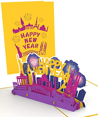 LuckeeCards® 3D Pop Up Karte - Frohes Neues Jahr mit Feuerwerk und Skyline - HAPPY NEW YEAR - viel Glück für Neujahr 2024 - Alles Gute - Grußkarte - Neujahrskarte, Silvester Party