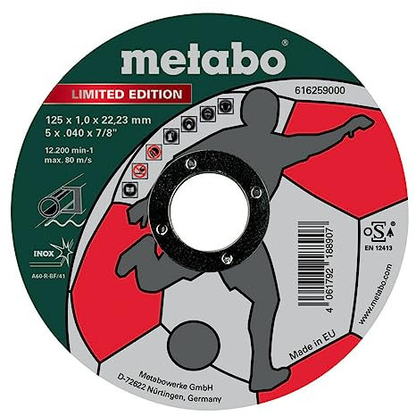 Metabo Limited Edition Soccer Trennscheibe 125 x 1,0 x 22,23 Inox, TF 41 – 616259000 – Universalscheibe für Edelstahl – 100 Stück