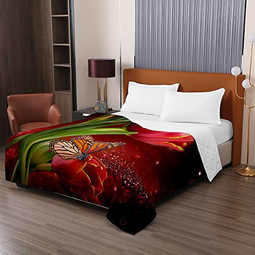 Chickw1 Tagesdecke Bettüberwurf Steppdecke, 3D Tulpe Blume Drucken Tagesdecken mit Präge Wohndecke aus Mikrofaser Gesteppt Bettdecke für Einzelbett Doppelbett (130x150cm,rot)