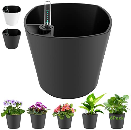 17,8 cm große, runde selbstbewässernde Töpfe für Zimmerpflanzen, Blumentopf mit Wasserstandsanzeige, grau, 6 Stück, afrikanisches Veilchen, selbstbewässernde Pflanzgefäße für alle Orchideen, Aloe