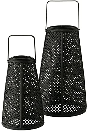 Windlicht BOMBOO schwarz geflochten aus Bambus Holz H44cm mit Glaseinsatz