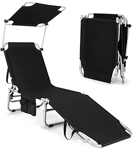 COSTWAY Tumbona Plegable con Parasol, 5 Posiciones de Respaldo Ajustables, Tumbonas Jardin Exterior con Bolsillo de Almacenamiento Lateral, Tumbona Reclinable Piscina, Playa, Patio, 150kg (Negro)