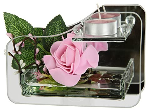Teelichthalter aus Glas mit Teelicht-Kerze dekoriert mit Blume Rose Kerzen Kerzenhalter Kerzenständer Tischdeko Teelichtglas Laterne Windlicht romantische Deko Deko-Objekt Hochzeitsdeko