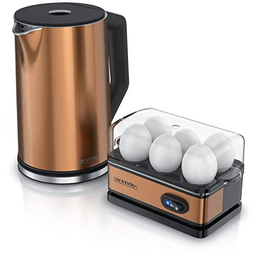 Arendo - SET Wasserkocher ELEGANT mit Eierkocher THREECOOK Edelstahl Kupfer, Wasserkocher 1,5L, 40° - 100°C, Warmhaltefunktion, Eierkocher 1-6 Eier, Messbecher