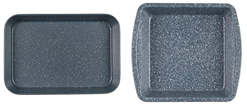 Russell Hobbs RH01832EU Deep Roasting Pan, Non-Stick Carbon Steel Roaster, Blue Marble, 39 cm & RH00997EU Square Baking Pan Roaster Tray, Carbon Steel Oven Tin, PFOA Free, Blue Marble, 26 cm