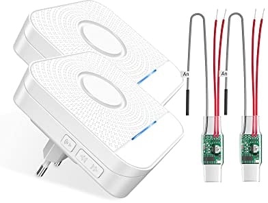 BITIWEND Funksignal Weiterleitung Funk Erweiterung Set Türklingel und Gong Weiterleitung 2 Funkkonverter + 2 Steckdosen Empfänger für bestehende Klingelanlagen (Einbausender 3-24V AC/DC)