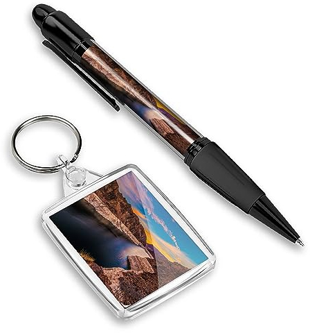 Destination Vinyl ltd 1 x Black Ink Ballpoint Pen & 1 Rectangle Keyring Hoover Dam Sunrise USA America Matching Set of Keychains for Your Keys and Black Pen #51177
