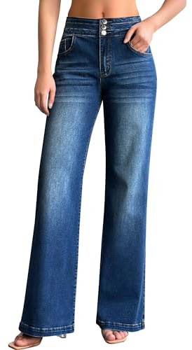 roswear - Vaqueros de pierna ancha para mujer, estilo casual, de cintura alta, elásticos, holgados, Azul, Medium