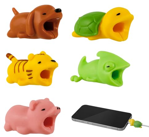 NQEUEPN 5pcs Cable Protector Animals Bite, Cute Charging Cable Savers Bite Animals Tiger Pig Turtle Puppy Chameleon Charging Cable Protectors Cover for Most Cellphones and iPad Chargers