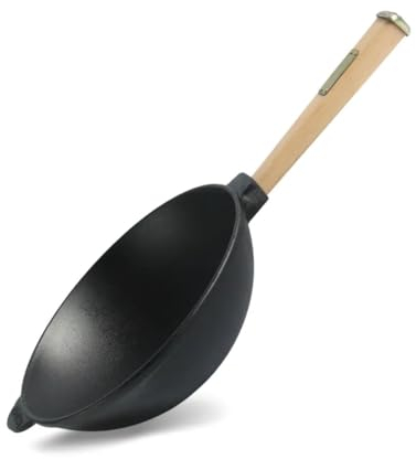 4BIG.fun Poêle wok avec manche en bois - 26 cm - En fonte - 2,8 l - Pour l'extérieur, le camping, le barbecue - Ustensile de cuisine - Poêle wok en fonte - Poêle à induction