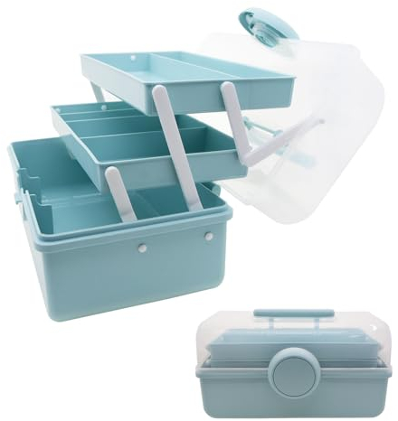 ANMOO 14in 3 Layer Multipurpose Storage Box Craft Storage Boxes With Compartments Plastic Tool Box Hair Accessories Organiser Medicine Storage Box Sewing Box with 2 Trays (Extra Large Blue)