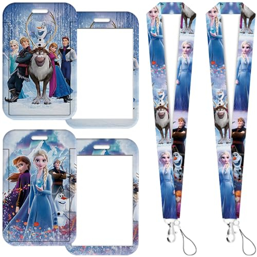 2 Pcs Frozen Porte Badge avec Cordon, Porte Badge de Carte d'Identification avec Cordon Tour de Cou, pour Porte Badges d'Identification, Carte d'étudiants, Porte-Clés, Carte Bus