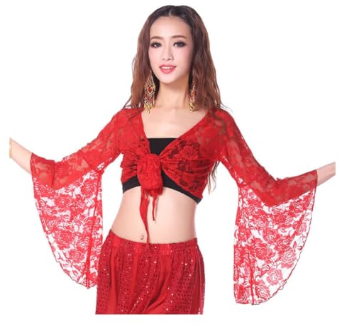 Top da donna per danza del ventre, top avvolgente con maniche svasate a 3/4, top corto con scialle floreale fasciato con nodo per abbigliamento da ballo, top corto con farfalle in pizzo per danza