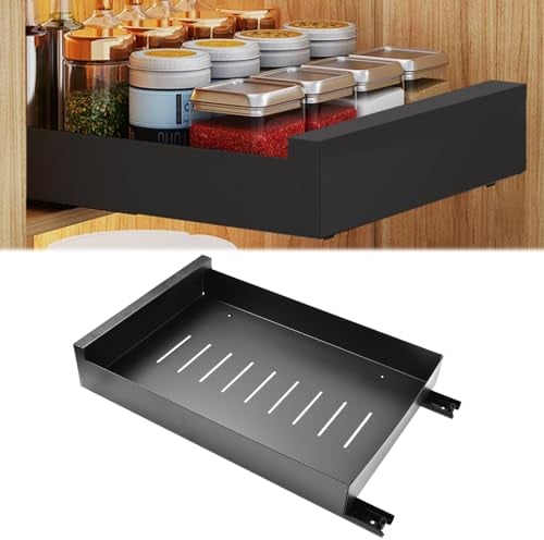 Pull Out Cabinet Organizer, Heavy Duty Sliding Shelf Slide Out Drawer Storage Shelves Roll-Out Extendable Sliding Drawer for Kitchen Cupboard Cabinet, Black, 30 CM W x 43 CM D x 9CM H, Drill-free