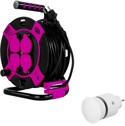 REV Kabeltrommel & Steckdosenlampe im SPARSET – Kabeltrommel 25m IP44 Outdoor, 4 Schuko-Steckdosen, pink + Lampe für Steckdose 4-stufig dimmbar, 10W, 850lm, 3000K