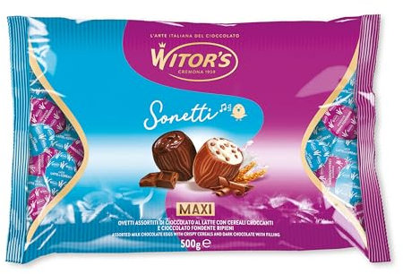 WITOR’S - Sonetti Maxi - Cioccolatini Assortiti Ripieni di Crema al Cacao e Crema al Latte e Cereali - Ovetti di Cioccolato - Snack Dolci di Cioccolato al Latte e Cioccolato Fondente - Busta da 500gr