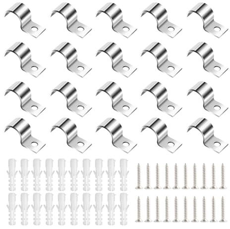 ZUYIST 20 abrazaderas de fijación, abrazaderas de acero inoxidable 304, 20 mm, abrazaderas de cable de metal con 25 tornillos autorroscantes M5 y 25 tacos M8 para diámetros de tubos, tubos de agua,